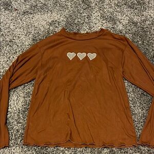 Charming Brown Long Sleeve Tee with Heart Details